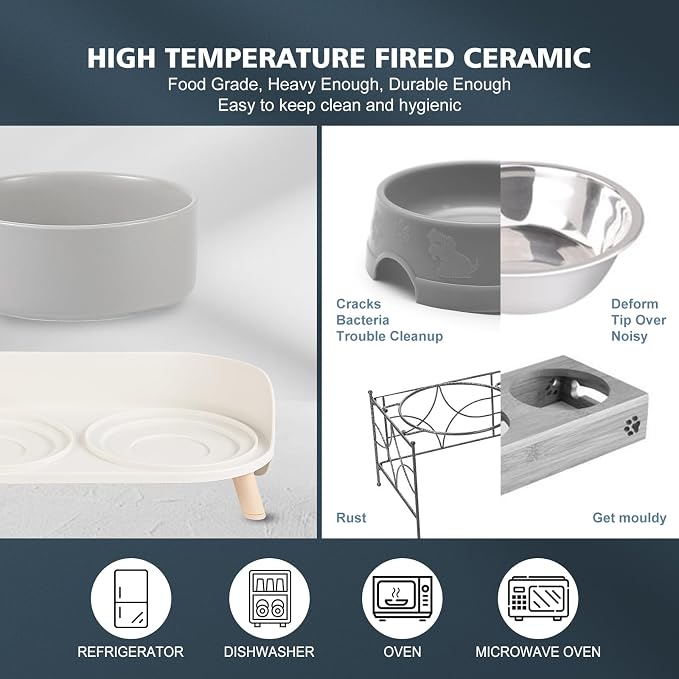 Raised Cat Food and Water Bowl Set - Elevated Ceramic Dishes with Non-Slip Stand and Splash Guard for Small Dogs - 2 x 320 ML (4.9 OZ) - Grey