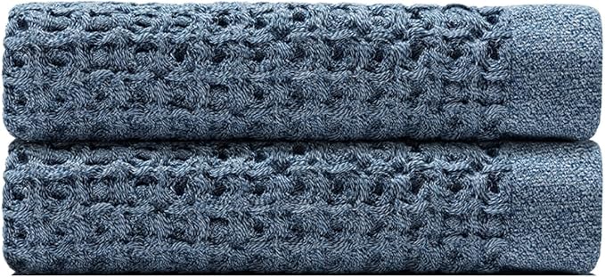 ONSEN Supima® Waffle Hand Towels, Quick Dry Lint Free 100% USA Cotton, Lightweight Absorbent Hand Towel Set, 16x30 in (Denim Blue, Hand Towel 2-Pack)
