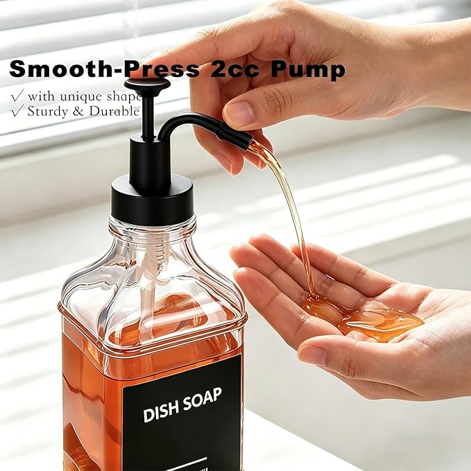 Dish Soap Dispenser for Kitchen, Hand Glass Soap Dispenser Set with Pump, Funnel for Bathroom, Shower, Laundry, Liquid, Lotion (Black 2 Pack 18 Oz Clear Bottles with 12 Stickers)