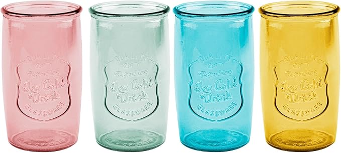 Glaver's Colored Glassware, Ice Cold Drinking Glasses Set of 4 – 18 Oz Vintage Glass Cups for Kitchen, Dining Table – Multi- Colors Glass Tumblers. Hand Wash.