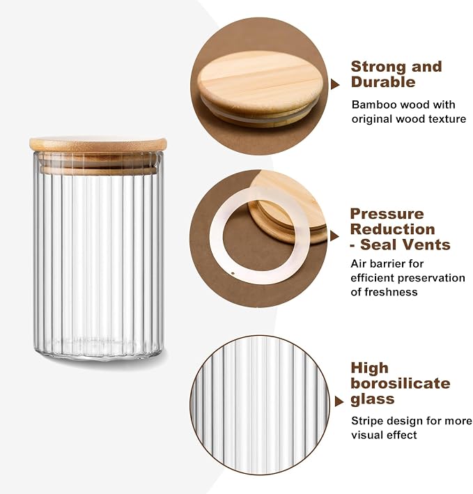 Glass Jars with Lids - Clear Kitchen Food Canisters - Stacable Glass Jars with Bamboo Lids - Airtight Canister Set for Pasta,Spaghetti,Coffee,Beans