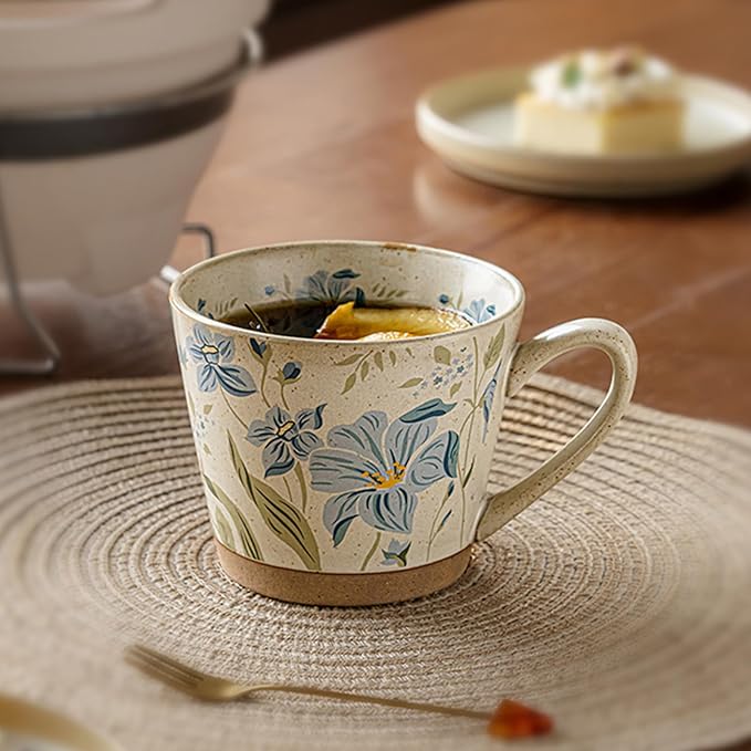 15oz Vintage Floral Ceramic Coffee Mug, Hand-Painted Lead-Free Tea Cup with Comfort Handle, Microwave & Dishwasher Safe for Home Office & Gift for Women (Light Blue Floral, 15, ounces)