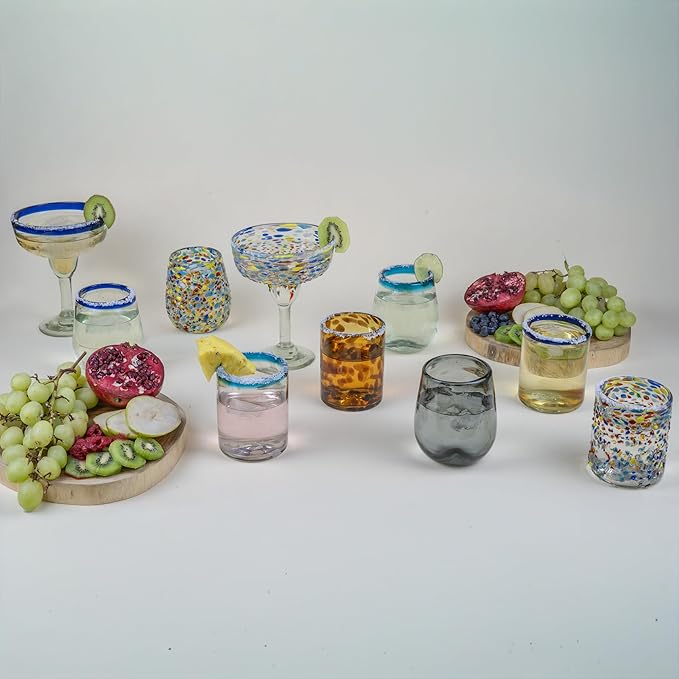 Confetti Dots Hand Blown Tumbler Glasses Set of 6 – Colorful Mexican Glassware – 10 oz Recycled Glass Tumbler – Hand blown Mexican Drinking Glasses for Cocktails, Wine & Tequila