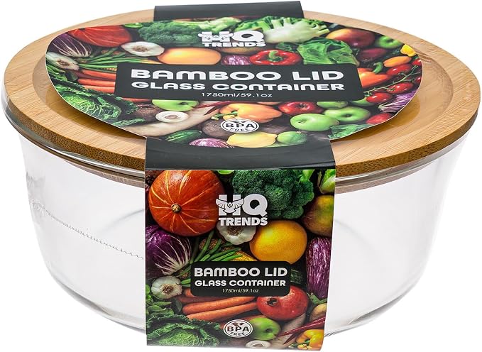 3 Piece Round Glass Food Storage Container Set with Bamboo Lids, BPA-Free Borosilicate Glass, Airtight Silicone Seal, Stackable Kitchen Storage Containers, 20.9oz, 32.1oz & 59.1oz