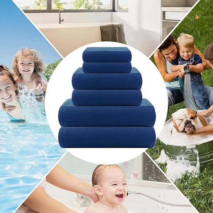 CASA COPENHAGEN Waffle 6Pcs 100% Egyptian Cotton Large Designer Towels Gift Set- Navy, 2Bath 2Hand 2Washcloths, Bath Towels for Bathroom (Box Pack, Set for Women & Men)
