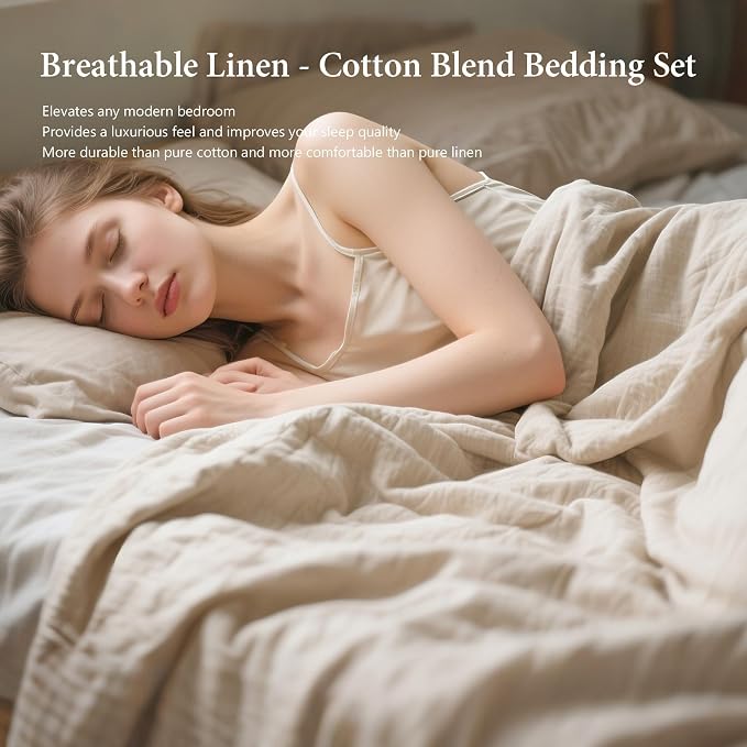 QKTE French Linen Duvet Cover Set, 3 PCS Natural French Flax Beige Duvet Cover King Size, Breathable Soft Comfy Linen Bedding Comforter Cover with 2 Pillowcases(Beige, 104" x 92")