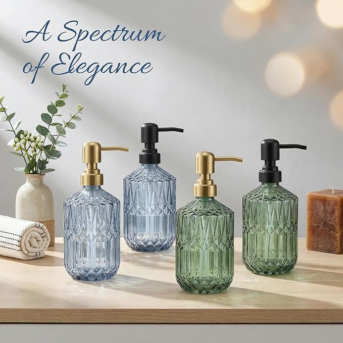 2-Pack Blue Glass Soap Dispenser with Black Rust Proof Pump, Elegant Bathroom Soap Dispenser, Vintage Kitchen Countertop Soap Dispenser for Hand Soap, Dish Soap, Lotion, Body Wash (14 OZ)