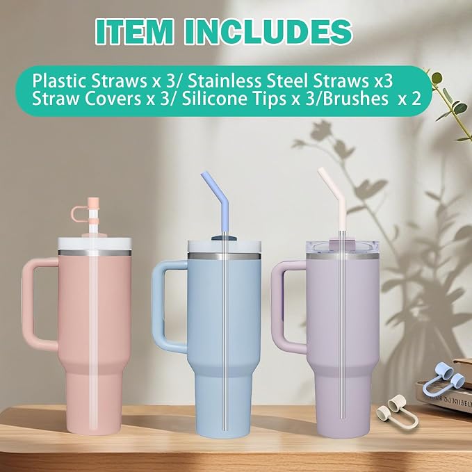 HEYSKAY 6pc Replacement Straws Reusable for Stanley Tumbler Cup 40oz 30oz Metal Plastic Straws with Straw Covers,Silicone Tips and Cleaning Brushes