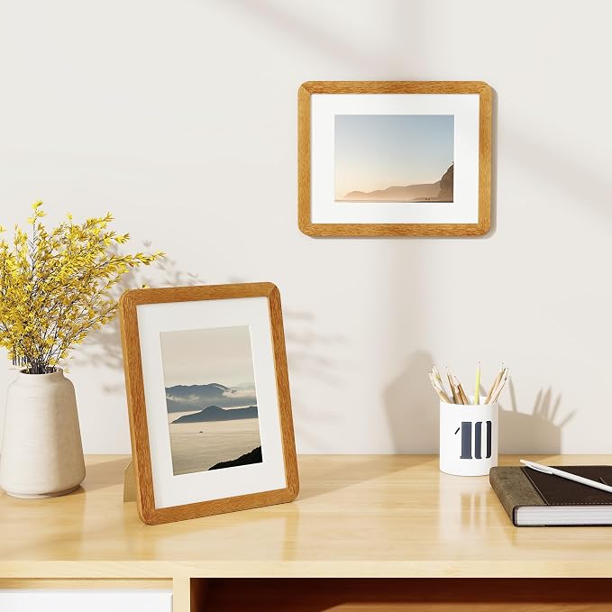 Fun Memories 8.5x11 Picture Frame - Solid Teak Wood Diploma & Certificate Frame, 8.5x11 Frame with Mat for 6x8 Photos, Awards & Achievements, Tabletop and Wall Display with Real Glass, Natural Teak