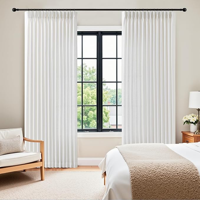 Pinch Pleated Linen Curtains Extra Wide 70 x 96 Inches Long for Living Room, Snow White Semi Sheer Curtain Rustic Light Filtering Window Drapes Memory Trained Ceiling Curtain with Hooks, 1 Panel