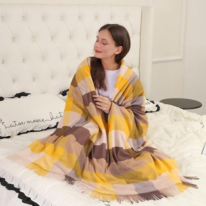 100% Wool Blanket Throw,Yellow Plaid Wool Blanket with Compact Bag,Rustic Soft Lightweight Blanket for Couch,Sofa,Bed & Lounging Decoration,Warm Travel Blanket for Home, Airplane,Ideal Gifts 55"x83"