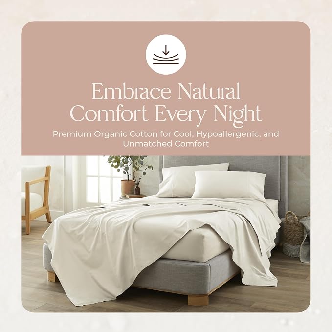 Certified Organic King Flat Sheet Only - 100% Organic Cotton Top Sheet with Luxurious Soft and Breathable 500 Thread Count Sateen Weave Finish - GOTS & Fairtrade Certified (Natural, King)
