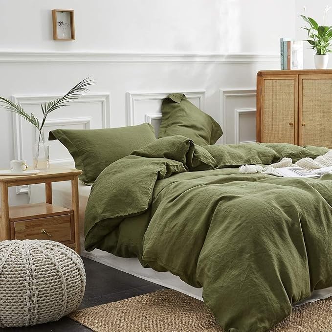 Simple&Opulence 100% Linen Duvet Cover Set, 3 PCS Natural French Flax Olive Green Duvet Cover Queen Size, Breathable Soft Comfy Linen Bedding Comforter Cover with 2 Pillowcases(Olive Green, 88"x92")