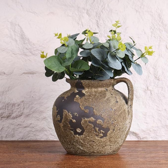 Wabi Sabi Rusty Vintage Vase, 7.9" Tall Wabi Sabi Decor Rustic Farmhouse Pottery Vase for Centerpiece, Textured Pottery Flower Vases for Home Decorative, Table, Living Room, Bedroom, Bathroom, Kitchen