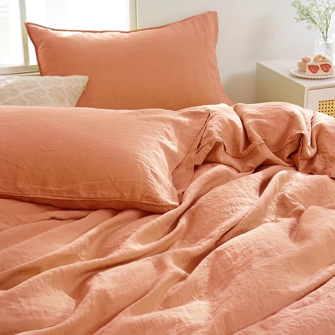 S VICTORY SYMBOL 100% Organic Linen Duvet Cover Set 3PCS Queen Size,Stone Washed French Flax Bedding,1 Comforter Cover and 2 Pillowcases Solid Color Bedding Set(Peach)