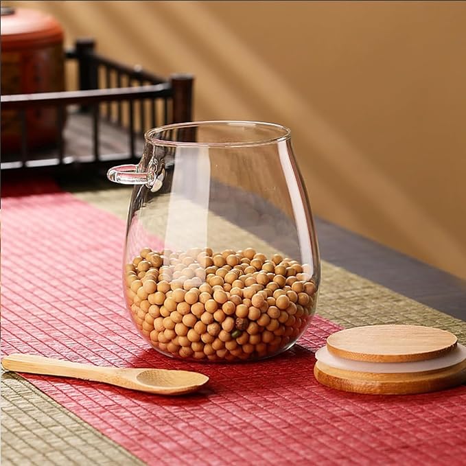 Airtight glass jar storage container with bamboo lid Set of 4, wide mouth, leak-proof, With a spoon, can be used for coffee beans, tea leaves, grains, dried fruits, etc (Middle*4pcs)