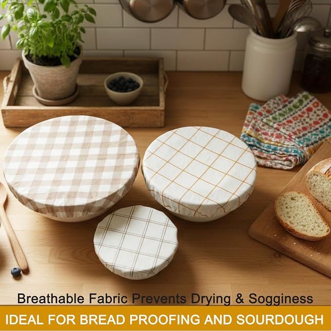 3 Pcs Reusable Bowl Covers for Bread Proofing Beeswax Bowl Covers Reusable 8/10/12 Inch, 100% Organic Cotton, Elastic Cover for Sourdough Bread, Dough Proofing & Food Storage