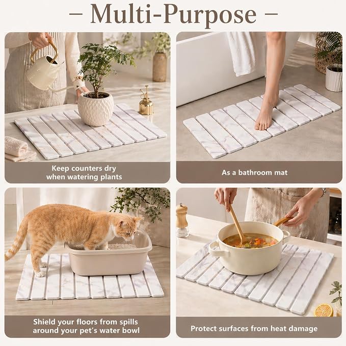 Diatomaceous Earth Dish Drying Mat for Kitchen Counter, Fast Drying Stone Dish Drying Mat with Non-Slip Feet for Dishes, Cups & Bathroom, Coffee Bar & Pet Bowls (White Gold, 24" x 16")