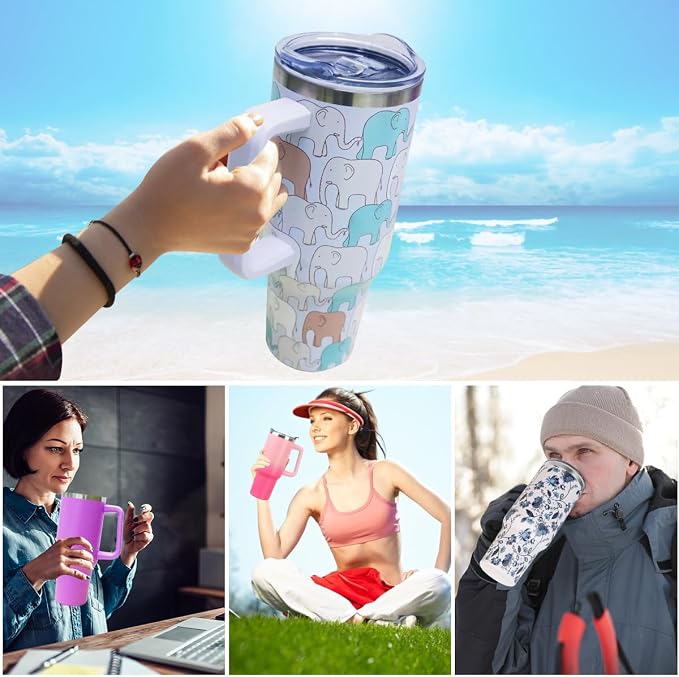 SYACOT 40 oz Tumbler with Handle and Straw Stainless Steel Insulated Tumbler Leak Proof Lid and Straw Lid Reusable Travel Mug Coffee Mug Cup Dishwasher Safe Keep Drinks Cold and Hot (LittleElephant)