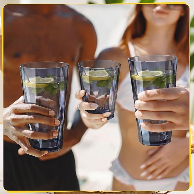 LemonRoad 12 Pack Reusable Plastic Drinking Glasses Set - 20oz & 13.5oz Stackable Tumbler, Shatter-resistant Highball Cups for Water, Cocktail, Iced Coffee, Indoor Outdoor Use, BBQ, Patio, Pool (Grey)