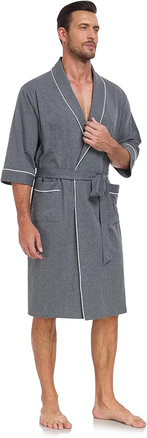 COLORFULLEAF 100% Cotton Men’s Summer Bathrobe Lightweight & Breathable Short Sleeve Kimono Robe with Pockets