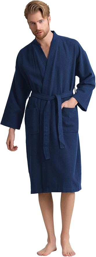 Men's Luxury Waffle Weaved Cotton Bathrobe - Lightweight & Soft - Quick Dry & Absorbent - Spa Robe for Men