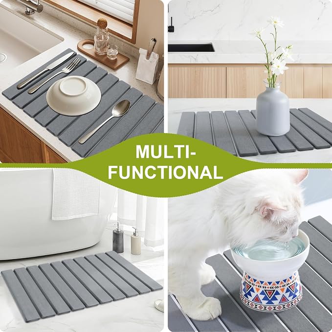 Large Stone Drying Mat for Kitchen Counter, Multifunction Stone Bath Mats for Bathroom, Collapsible Stone Dish Drying Mats, Quick Dry Diatomaceous Earth Drying Stone for Kitchen Counter, 24×16''-White