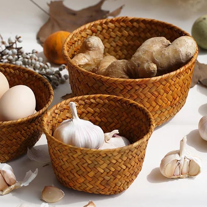 3 Set Small Seagrass Woven Storage Baskets, Natural Woven Round Basket Bin for Farmhouse Kitchen Countertop Pantry Shelf Organization, Stackable Mini Fruit Vegetable Holder