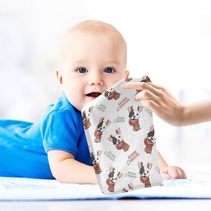 Baby Christmas French Bulldog Muslin Washcloths 3 Pack - Muslin Burp Cloths Hanky Large 11.8"X11.8" Extra Soft Absorbent Baby Burp Rags for Newborn 100% Cotton for Boys Girls Gift