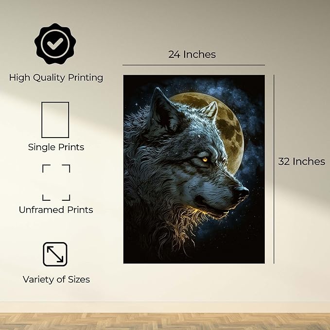 InkFlow Posters Wolf Poster - Majestic Wolf Under Full Moon - Nighttime Wildlife Art for Living Room, Bedroom, Home - Mystical Forest Graphic Print - 24x32 Unframed Canvas Print