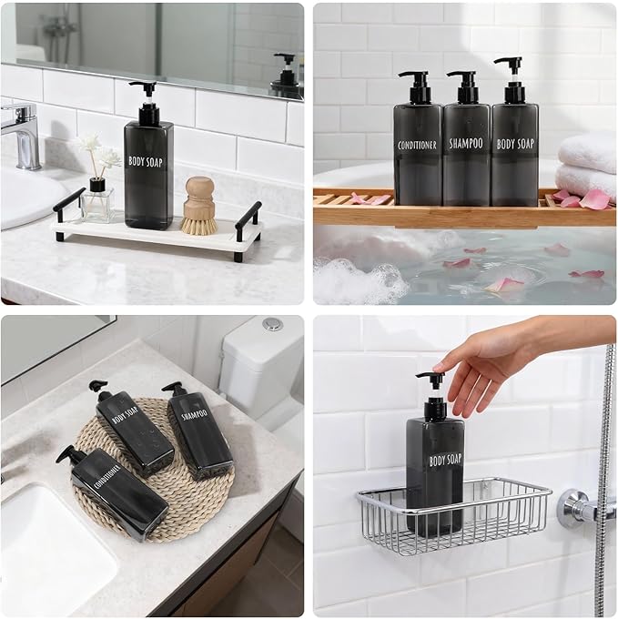 Segbeauty 16.9oz Black Shampoo and Conditioner Dispenser, 3pcs Refillable Plastic Empty Body Lotion Soap Dispenser Liquid Hand Gel Container for Bathroom, 500ml Pre-Printed Large Pump Bottles Kitchen