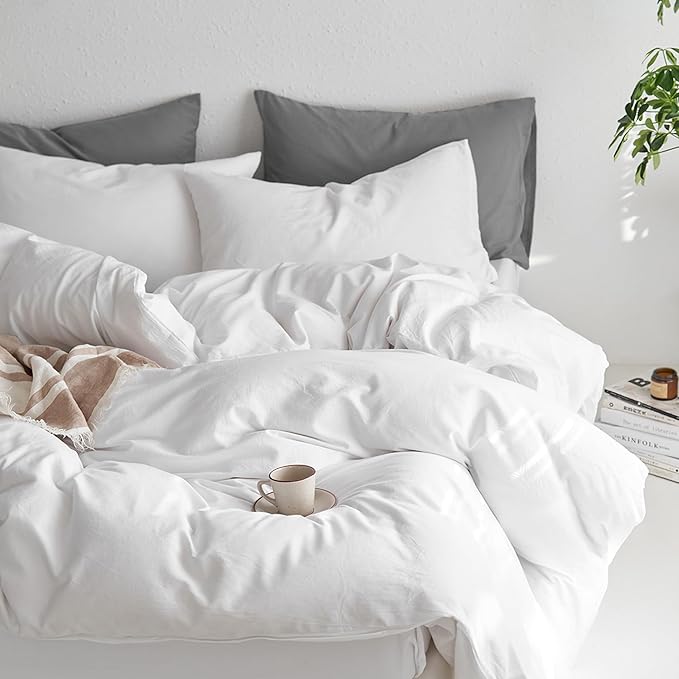 MooMee California King Duvet Cover Set, 100% Washed Cotton Linen Like Twill Thick Sturdy Material Super Soft Breathable Durable Bedding for All Season, 3 Pieces (Bright White, Cal King 104"x98")