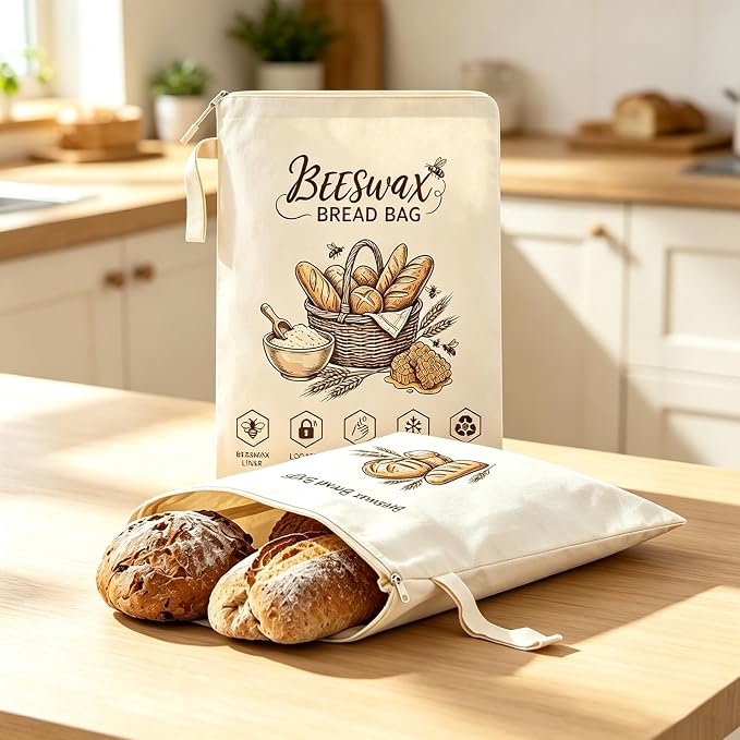 Beeswax Bread Bags 2 Pack Reusable Cotton Sourdough Storage Eco | L-zipper opens wide for easy loading. Beeswax coating keeps bread fresh. Washable, freezer-safe. 2 designs.