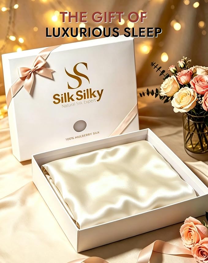 SilkSilky Luxury 30 Momme 100% Pure Organic Mulberry Silk Pillowcase for Hair & Skin, Grade 6A+ Silk Pillow Cases with Hidden Zipper, Cooling Silk for Deep Sleep (Standard 20''x26'', Ivory)