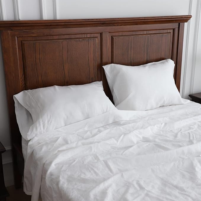100% French Linen Pillowcases with Handmade Hemstitch Lace - Pack of 2 - Washed Solid Color Natural Flax Soft Breathable - White, 20'' x 40''