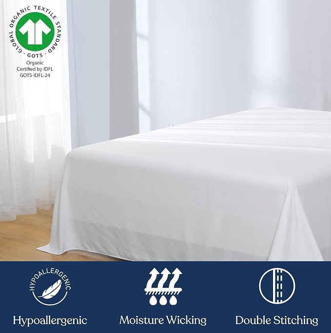 GOTS Certified 100% Organic Cotton Flat Sheet, 400TC Long Staple Cotton, Ultra Soft, Silky, Moisture-Wicking, Smooth & Breathable, Best Sheets for Hot Sleepers