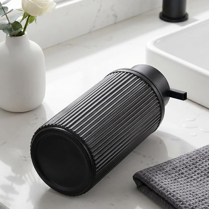 KASUNTING Matte Black Foaming Soap Dispenser, Ribbed Glass Foam Hand Soap Dispenser for Bathroom, 11 Fl Oz Refillable Foaming Bottle with Black Pump, Modern Dish Soap Foam Dispenser