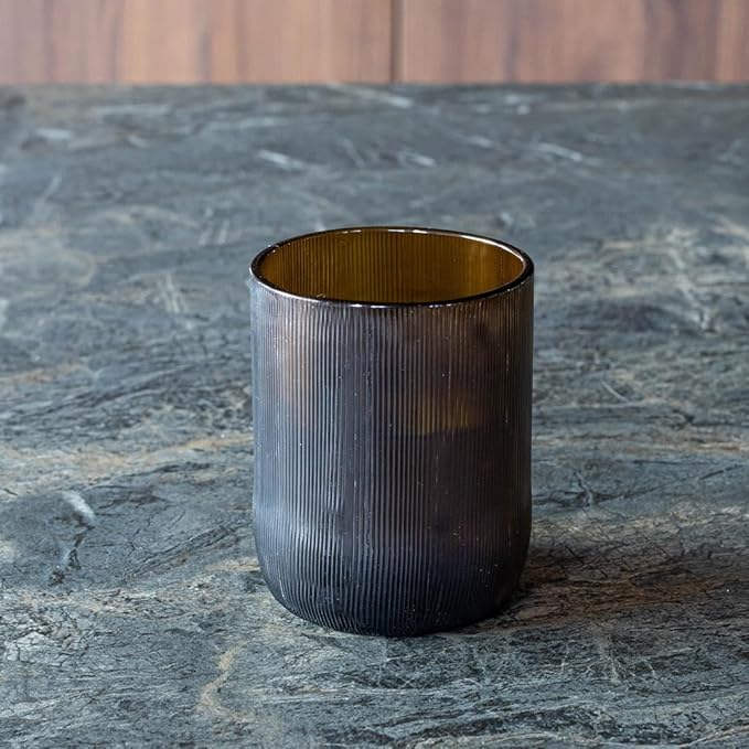 IWAS Upcycled Short Amber Drinking Glasses, Short, 8.45 oz / 250 ml, Set of 4 Rustic Grooved Cups, Handcrafted Sustainable Glassware