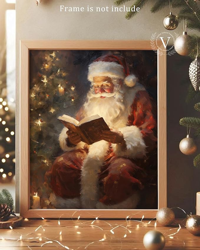 Vodefoad Vintage Christmas Claus Wall Art Santa Claus Reading Book Xmas Oil Canvas Prints Cottagecore Decor Academia Xmas Decor Winter Print for Holiday Christmas Dec - 8x10Inch Unframe