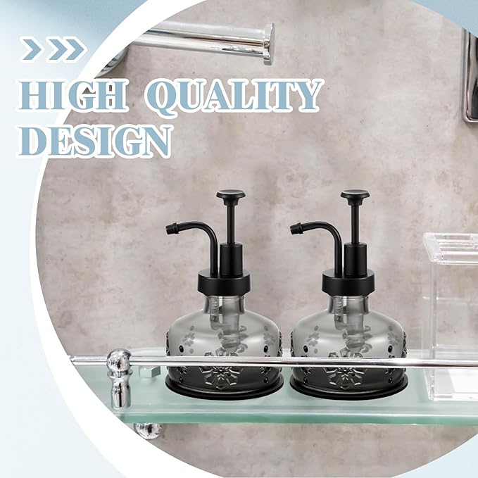 Tioncy 2 Pcs Antique Soap Dispenser Kitchen Bathroom Countertop Glass Soap Pump Dispenser Refillable Rustic Small Liquid Container with Non Slip Silicone Coaster(Black)