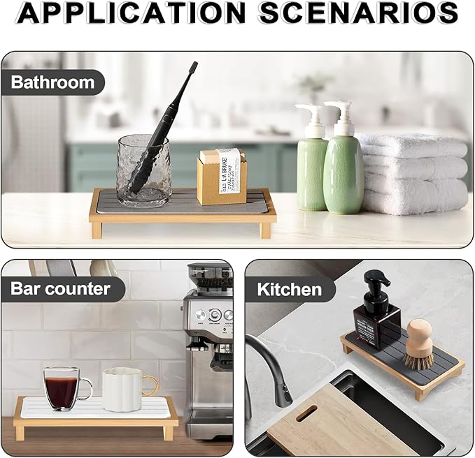 2PCS Water Absorbing Drying Tray with Wooden Base Stone Diatomaceous Stone Soap Dish Holder Quick Dry Sink Organizer for Kitchen Bathroom(White & Gray)