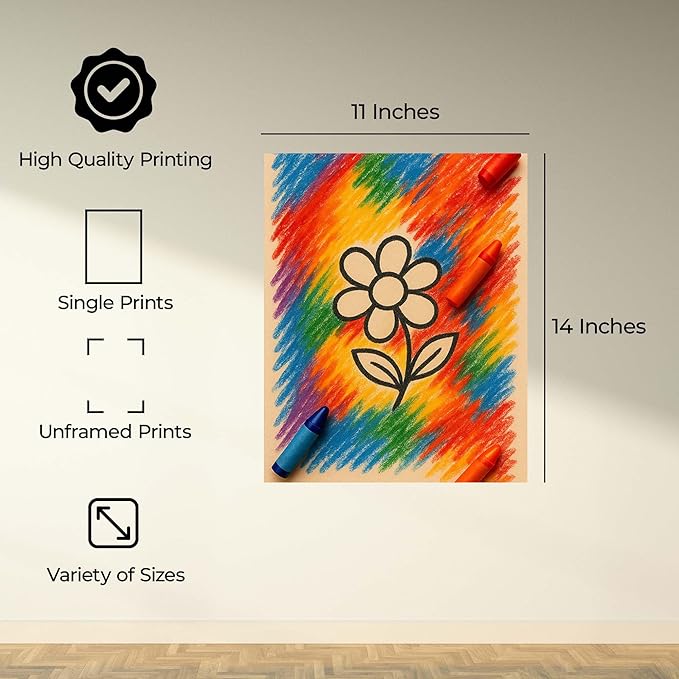 InkFlow Posters Rainbow Flower Crayon Poster - Fun Graphic Print for Kids Bedroom, Playroom, Nursery - Creative Motivational Decor - 11x14 Unframed Canvas Print