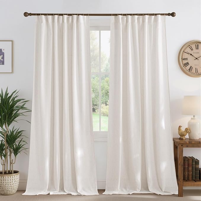 NICETOWN Natural Linen Cream 108 inches Long Curtains, Pleat Tab Privacy Added Curtains & Drapes with Light Filtering Window Treatments for Living Room/Bedroom, W52 x L108, 2 Panels