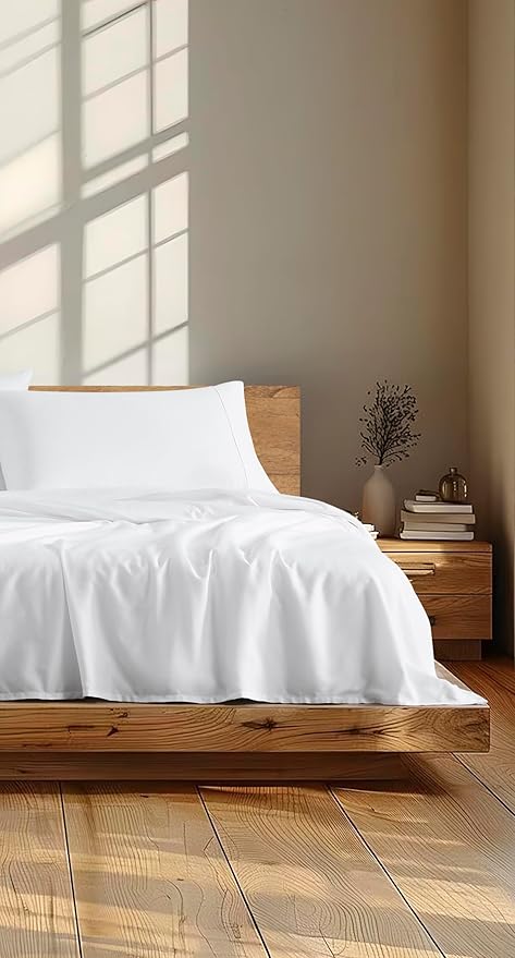 Linen Closet 4Pc 100% Organic Cotton Queen Sheet Set, White, 300 Thread Count, Naturally Derived EarthColors, Deep Pocket Fitted Sheet (Up To 18"), Smooth & Soft Bed Sheets Set, Juego De Sábanas Queen