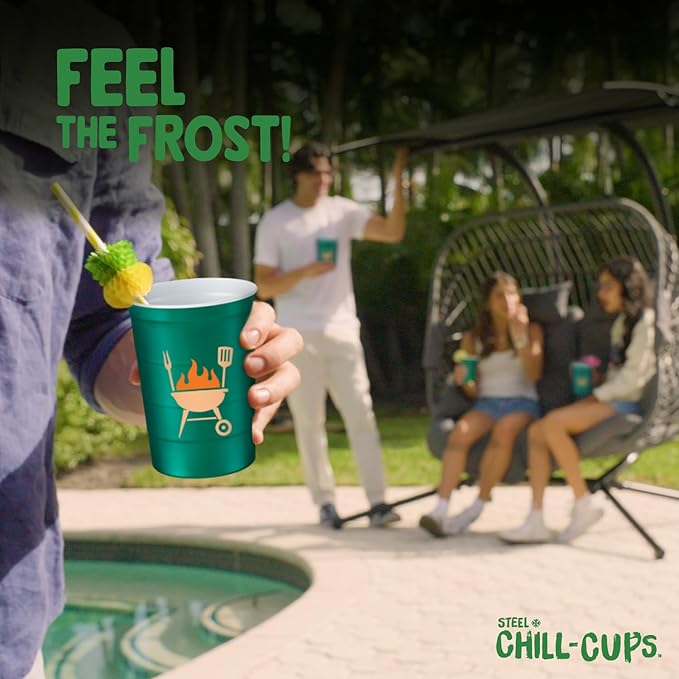 Steel Chill Cups 16 oz. Party Cup Summer BBQ Grill Picnic Design for Cold Drinks, Sturdy, Durable, Disposable, Recyclable, Made in USA, Green 12 Count