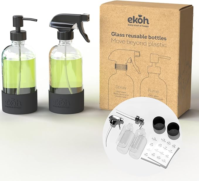 EKOH 2 Pack Glass Countertop Soap Dispensers - Refillable & Reusable with Silicone Protective Base and Preprinted Labels - for Kitchen and Bathroom (Clear)