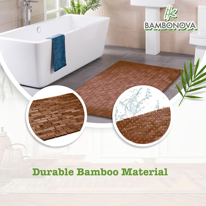 Bamboo Bath Mat Brown 24 x 16 Inches and Soap Dish Set Bathroom Rugs Non Slip Washable Bamboo Shower Mat Bathtub Mat Non Slip for Kitchen Sauna Spa Hot Tub Outdoor Bathroom Décor