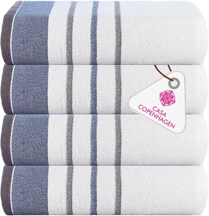 CASA COPENHAGEN White Bay 4Pcs 100% Egyptian Cotton Large Designer Towels Gift Set- Grey - Blue, 600 GSM, 55"x27", 4Bath Towels for Bathroom (Box Pack, Set for Women & Men)