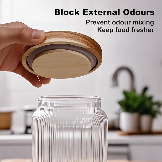 Glass Jars with Lids - Glass Storage Containers with Airtight Wood Lids - SpiceJjars - Kitchen Canisters for Tea,Coffee,Sugar,Spaghetti,Cereal,Flour