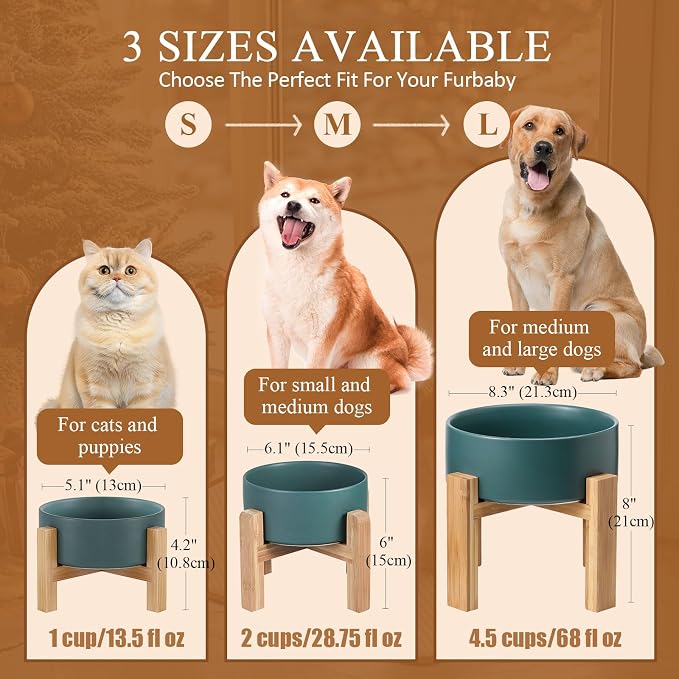 Ceramic Elevated Raised Cat Bowl with Wood Stand No Spill Pet Food Water Feeder Cats Small Dogs